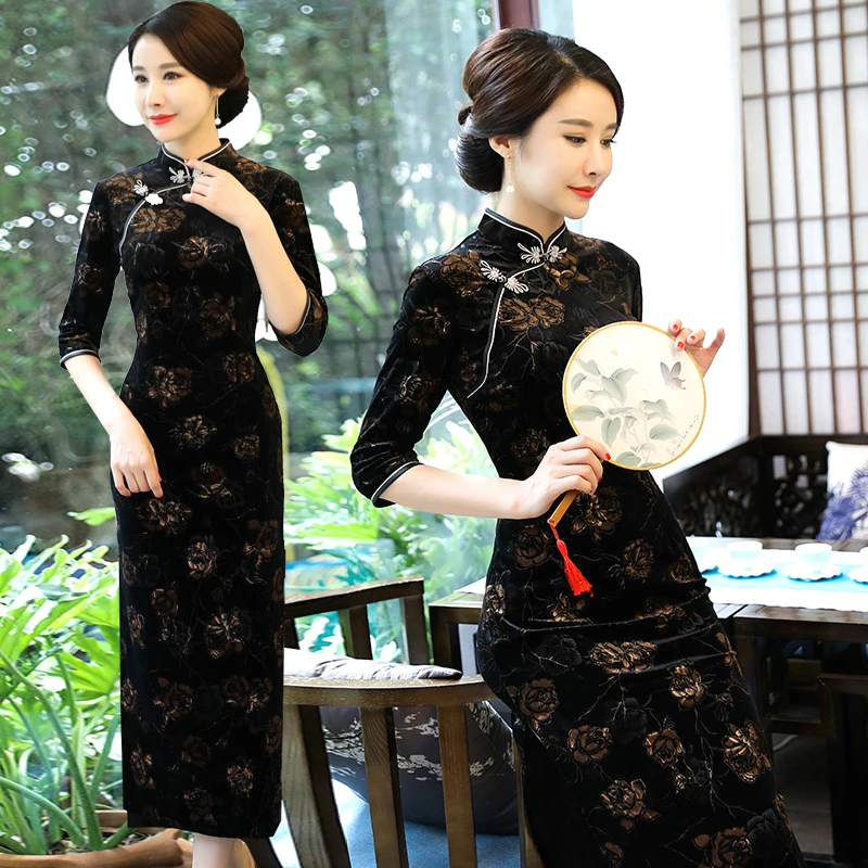 Sheng Kokosų Aksomo Ilgos Suknelės Vakare Cheongsam Tradicinės Kinų Apranga Auksas Pakilo Spausdinti Trumpas Rytų Stiliaus Qipao Moteris