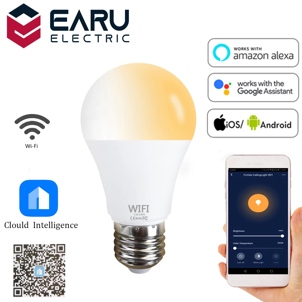 Pritemdomi 15W B22 E27 WiFi Smart Lemputės, LED Lempos App Veikia, Alexa, Google 