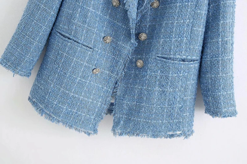 Tvido moterų vintage blue blazers 