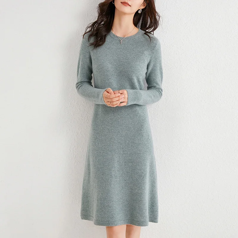 Moterų drabužiai elegantiškas, kietas megztinis ilgomis rankovėmis megztos natūralios vilnos megztinis džemperis-suknelė