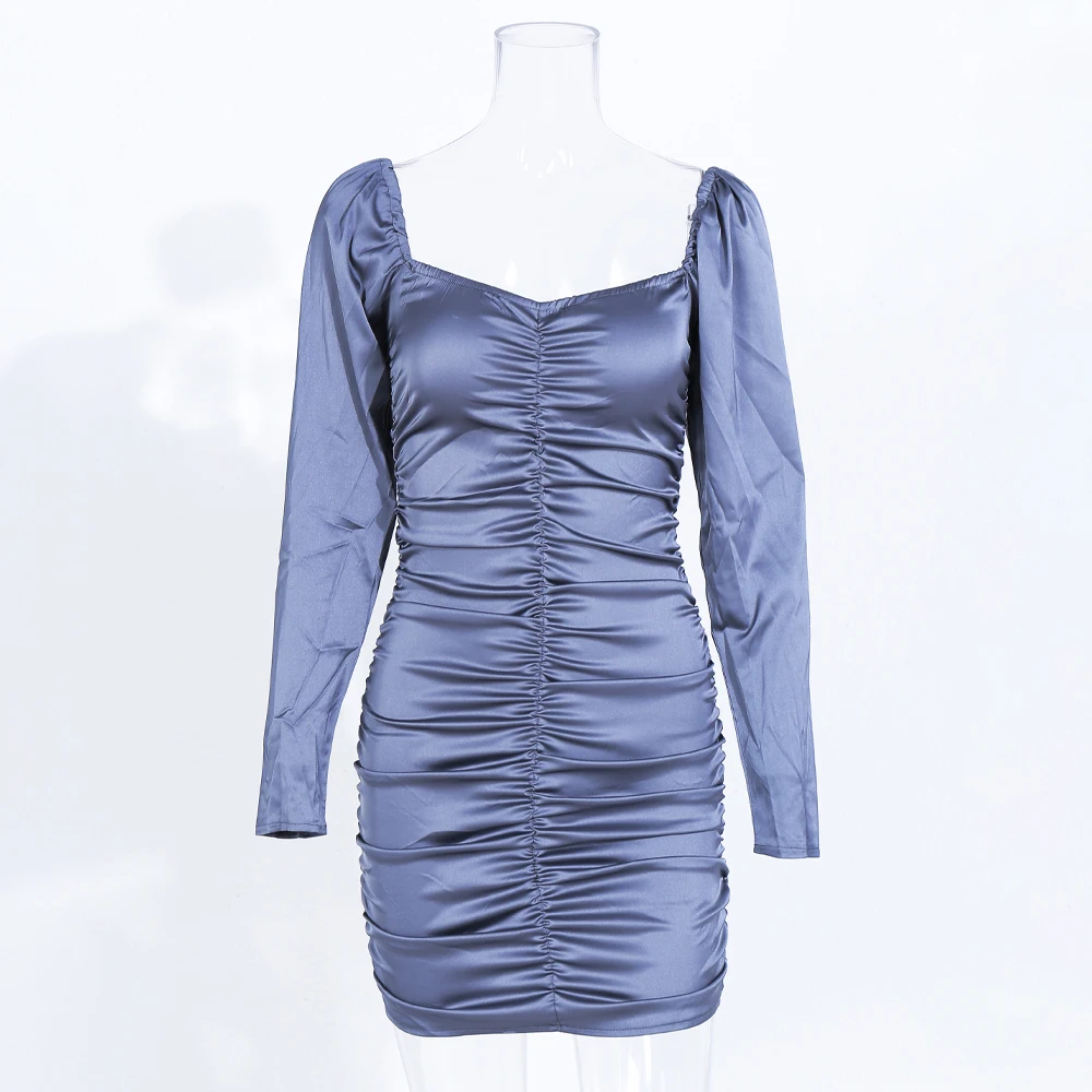 Yesexy 2021 m. Rudens Žiemos Seksualus ilgomis Rankovėmis Raukšlės Moterų Mini Suknelės vientisos Spalvos Bodycon Klubo Moterų Suknelės, vestidos MQ144