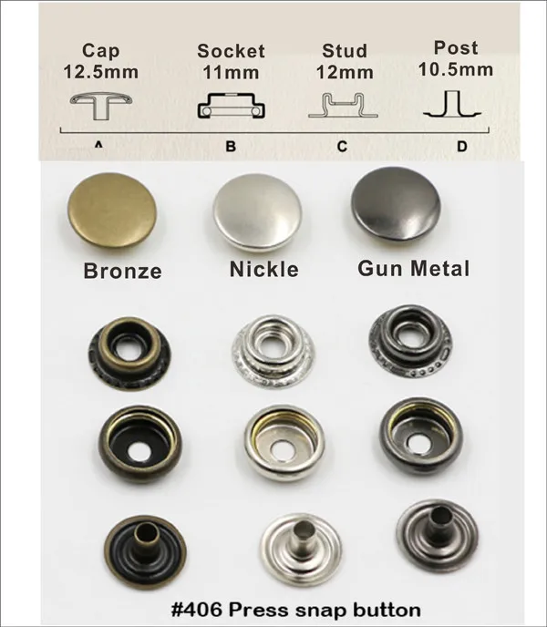 60 rinkiniai / daug 12,5 mm, #203/406 keturias dalis žalvario metalo mygtuką žiedas snap paspauskite mygtuką snap tvirtinimo detalės, sidabro, bronzos, juoda