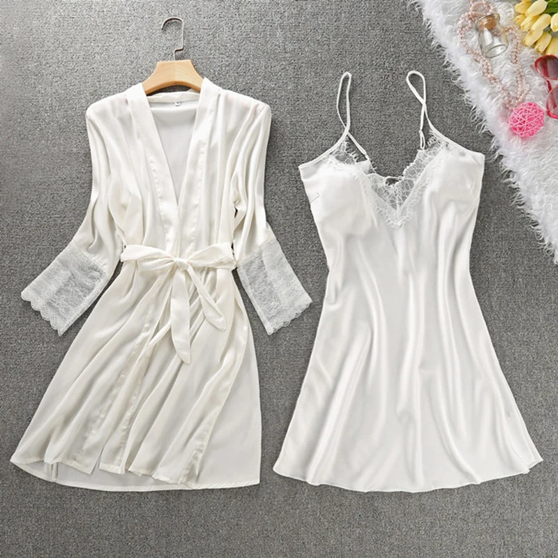 Fiklyc prekės ženklo moterų apdaras & suknelė nustatyti vasaros pusė rankovėmis chalatas + mini nightdress dviejų dalių sleepwear nustatyti, šilko imitacijos suknelė
