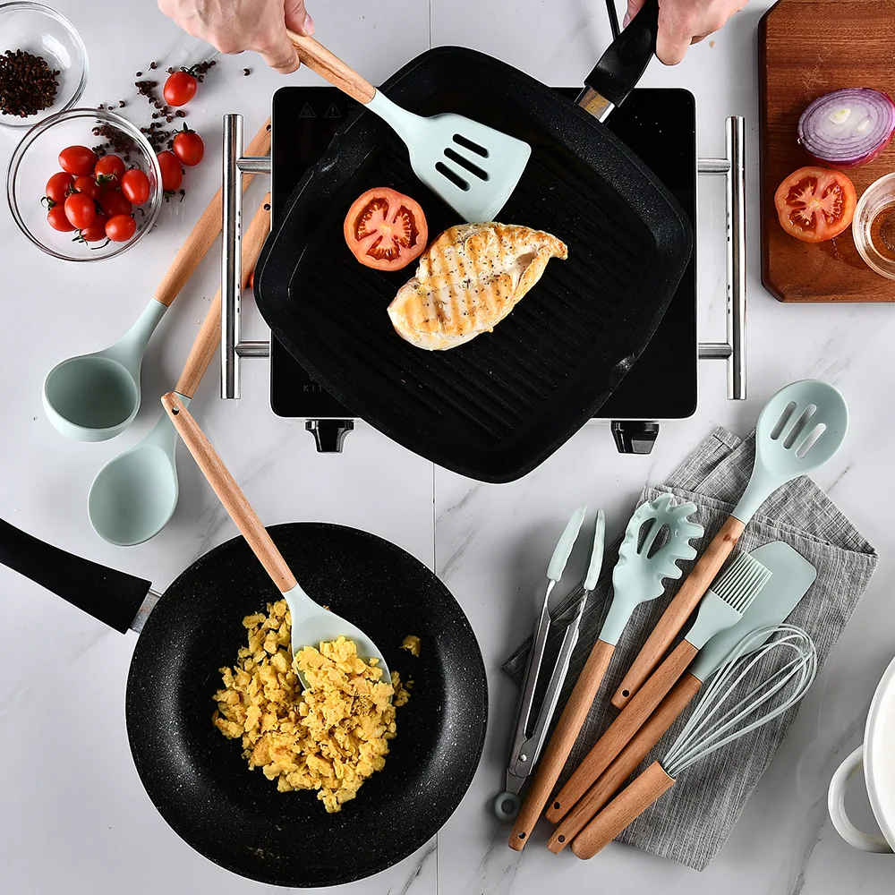 10VNT Premium Silikono Virtuvės Valgių gaminimo Indai Komplektas su Medžio Rankena Nonstick Virtuvės Turner Sriubos Šaukštą Kiaušinių Spragilas Mentele
