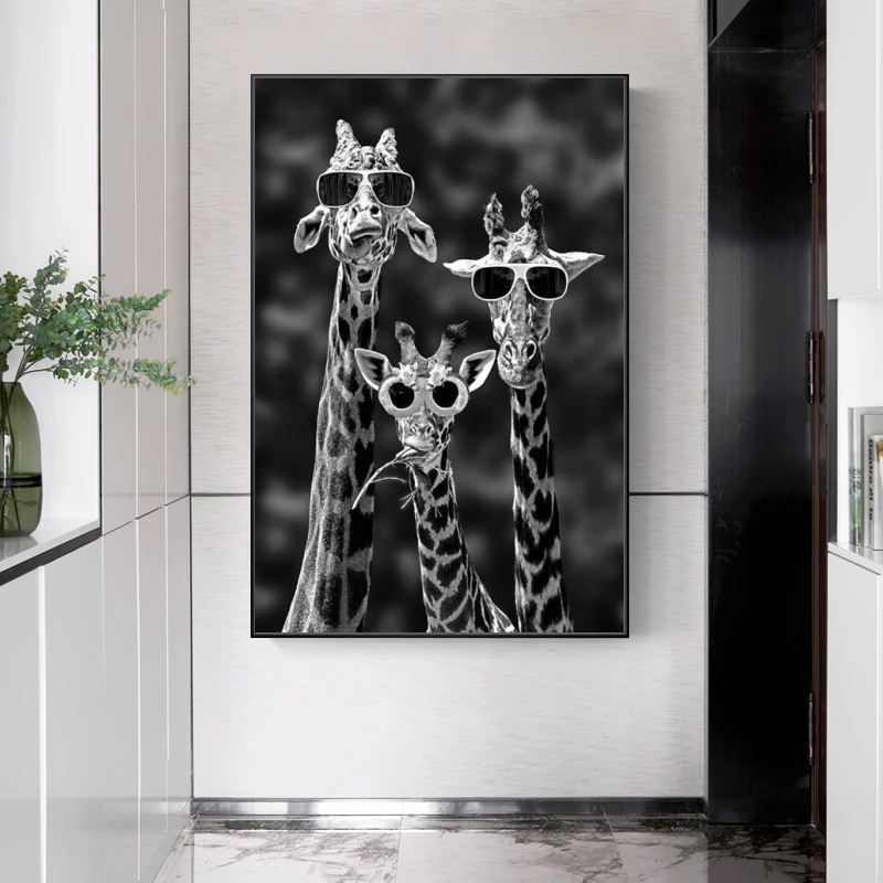 Juokinga Meno Žirafos su Akiniais Plakatai Ir grafika Juoda Ir Balta Gyvūnų Drobė Paveikslų ant Sienos Menas Nuotraukas Cuadros