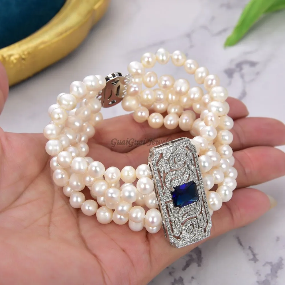GuaiGuai Papuošalai Gamtos Perlas 5Rows Baltos spalvos Apvalių Gėlavandenių Perlų Apyrankė 