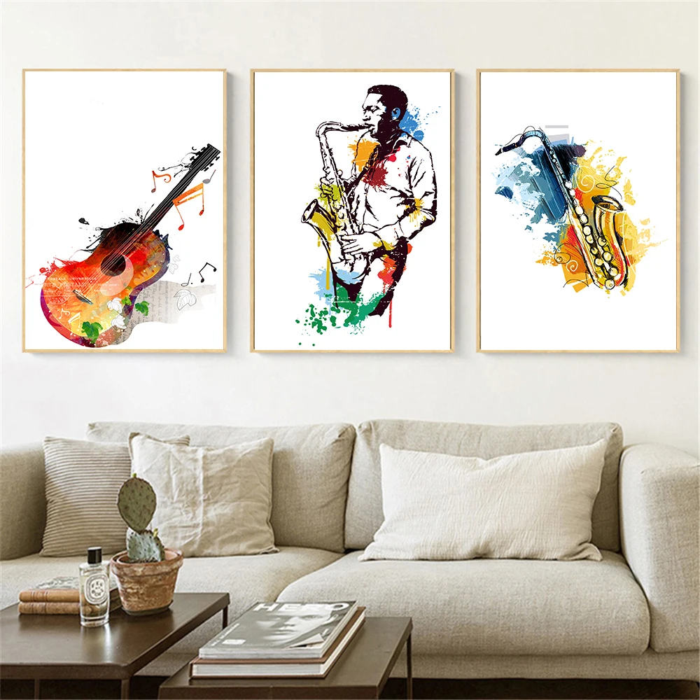 Akvarelė Muzika, Gitara, Saksofonas Drobė Paveikslų, Plakatų ir grafikos Sienos Meno Nuotrauką Kambarį Namo Apdaila