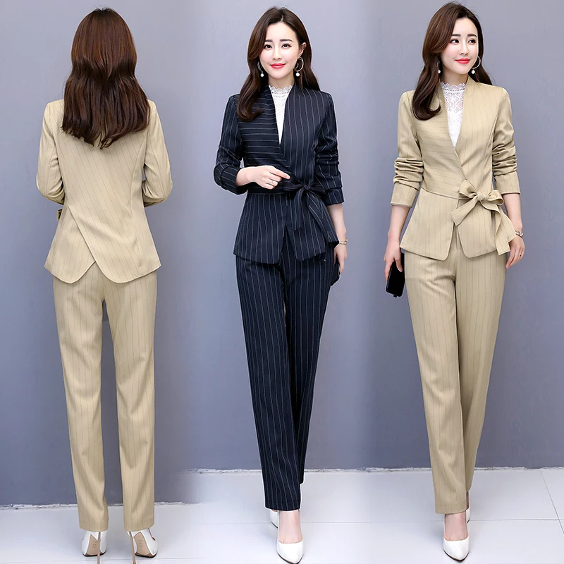 2019 metų Pavasarį dviejų dalių rinkinys moterims Dryžuotas tendencijos mados rinkiniai ilgomis rankovėmis office lady Kostiumas ansamblis femme viršaus ir kelnės