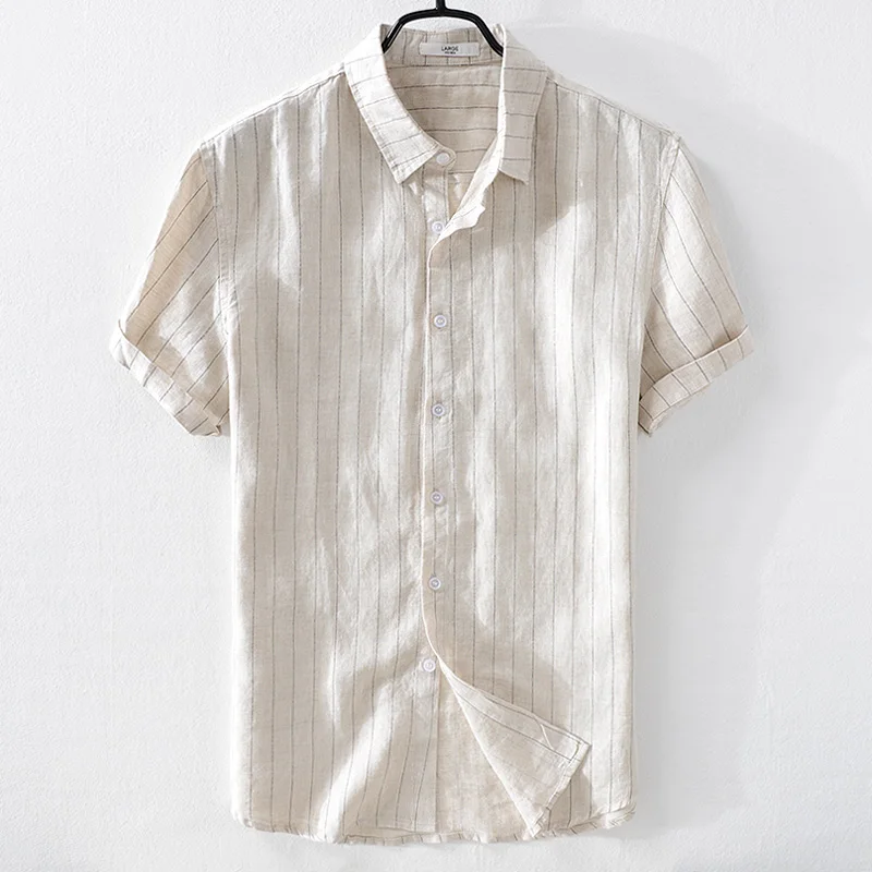 2018 Naujas prekės ženklas vyrų patalynė trumpas rankovėmis dryžuotas marškinėliai atsitiktinis palaidų linų shirt mens M-3XL vasarą baltus marškinius vyras camisa