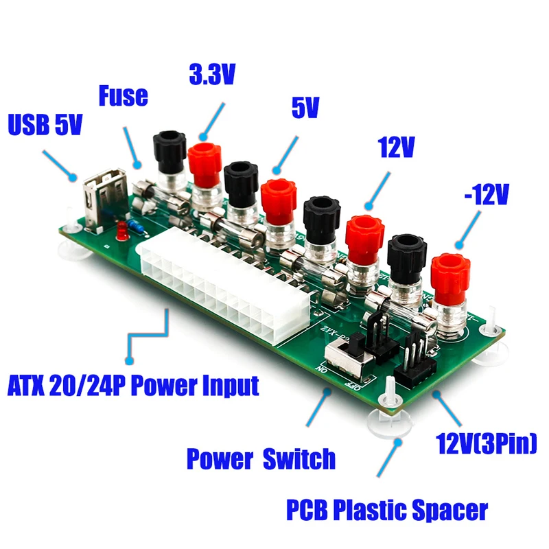 Elektros Grandinės 24Pins ATX Benchtop Kompiuterio Maitinimo Breakout valdybos modulis DC kištukas jungtis su USB Prievadą, 5V