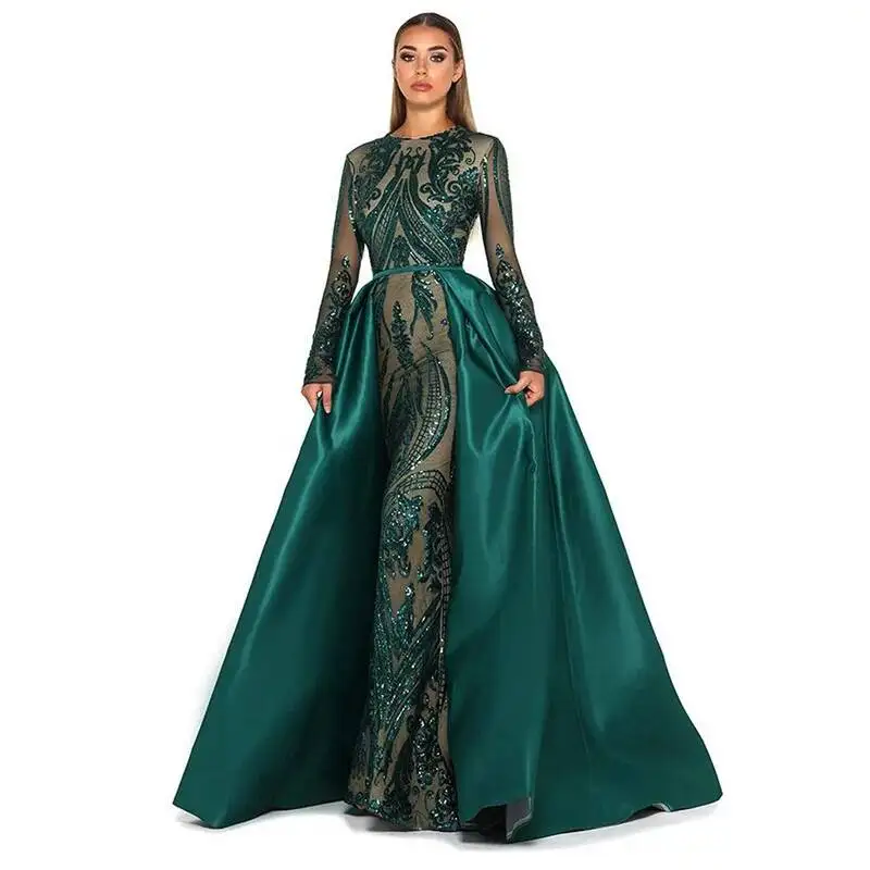 Karšto pardavimo Elegantiškas Musulmonų Žalia ilgomis Rankovėmis, vakarines Sukneles, Su Nuimamu Traukinio China Bling Motina Nuotakos Suknelės plius
