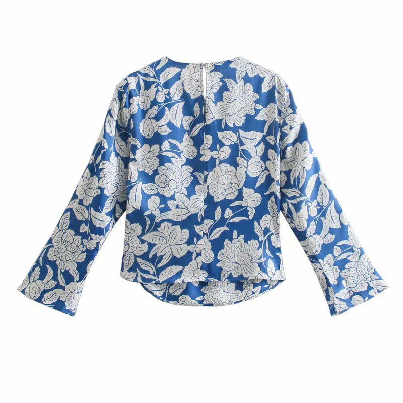 Retro Mėlynos Spalvos Gėlių Spausdinti Į Viršų Moterims Palaidinės Za 2021 Streetwear Satino Marškinėliai Moteris Ilgai Mygtukai Rankovės Plisuotos Susirinko Juosmens Marškinėliai