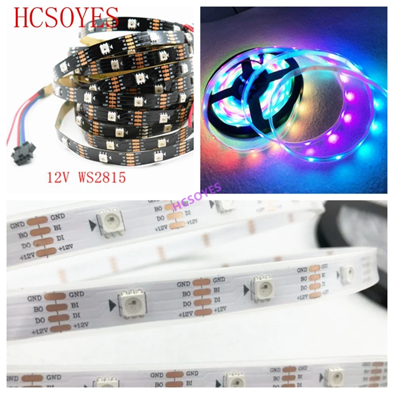 1m/5m DC12V WS2815 pikselių led šviesos juostelės,Naudojamos Dual-signalas, Smart,30/60/144 taškų/led/m, Juoda/Balta, PCB,IP30/IP65/IP67