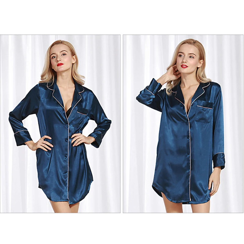 Naujas Moterų Dirbtiniais Šilko Satino Nightgowns Marškinėliai Stilius Famale Seksualus Nightdress Kietas Ilgomis Rankovėmis Minkštas Jaukus Sleepwear Atsitiktinis