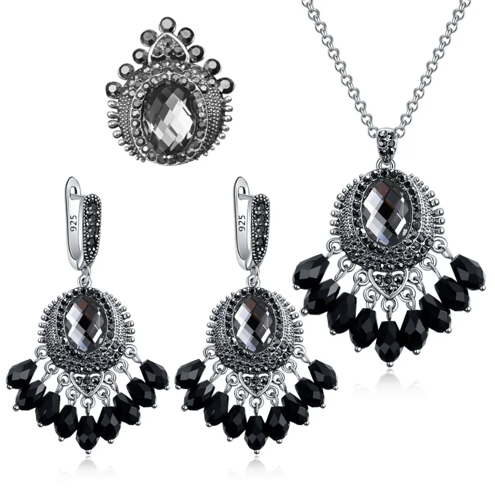 Ajojewel Derliaus Pilka/Tamsiai Mėlyna Crystal Crown Papuošalų Rinkiniai Moterims, Antikvariniai Sidabro Padengtą Juoda Kalnų Krištolas-Metį Papuošalai