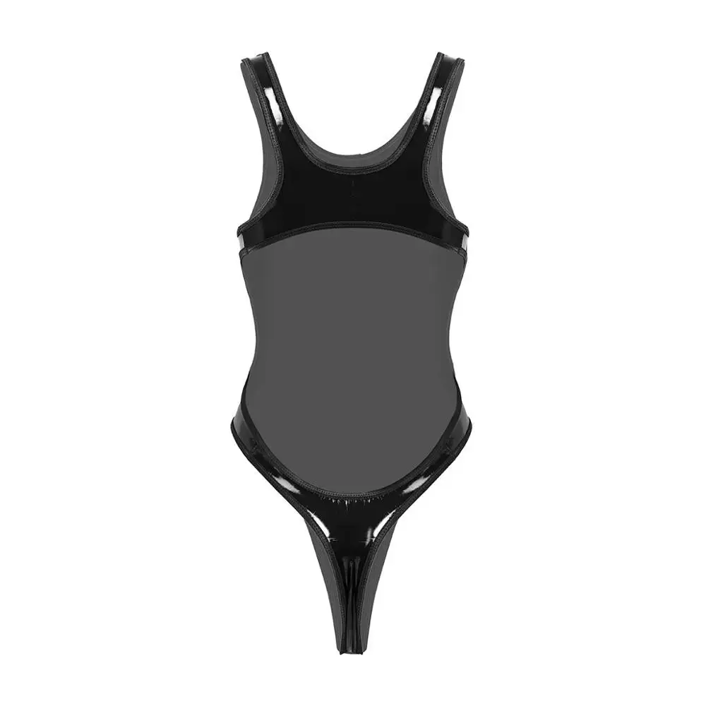Moterų Latekso Casuit maudymosi kostiumėlį Wetlook Odos Rankovių Backless Aukštos Sumažinti Thong Bodysuit Leotard moteriškas apatinis Trikotažas, Vienas gabalas Bodysuit