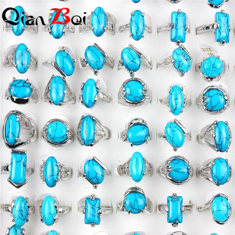 QianBei Didmeninė 50pcs Daug Naujo Dizaino Vintage Blue Stone Žiedų Rinkinys Moterims Geometrinis Modelis Gėlių Žiedai Šalis