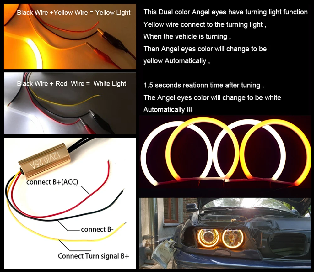 1 set balta+geltona Medvilnės šviesos angel eyes halo žiedas rinkiniai BMW E36 E38 E39 E46 Sedanas Coupe Touring Kabrioletas projektorius 4x131mm