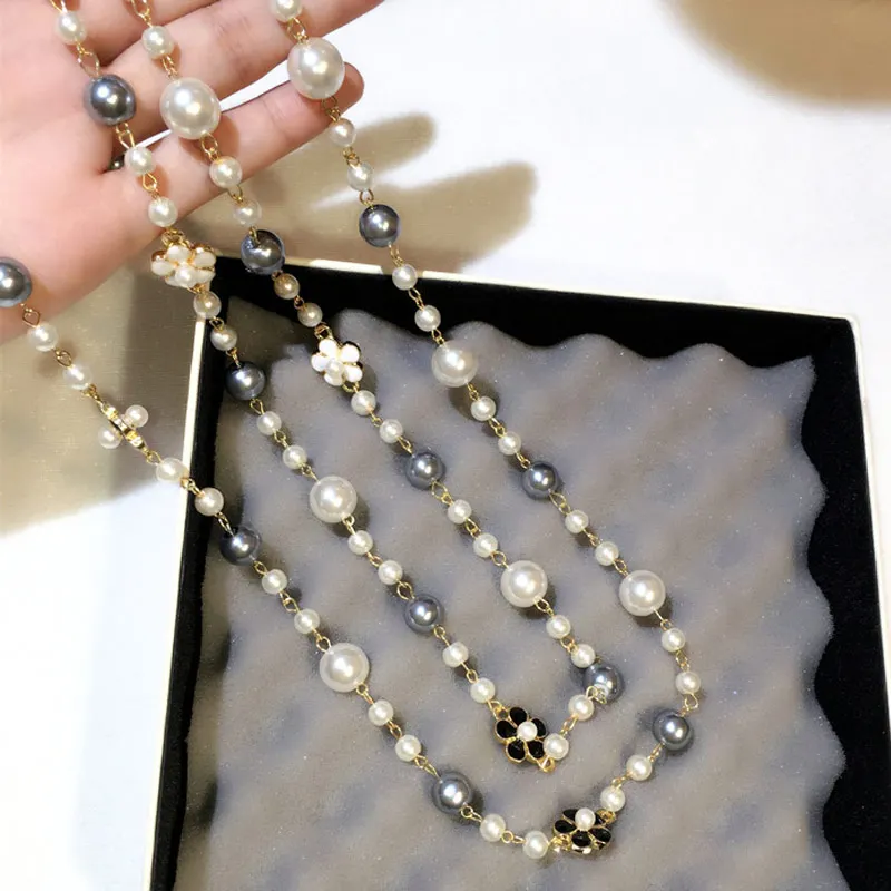 Camellia Žiedų Prabangių Perlų Megztinis Grandinės Juvelyrikos Collier Femme Šalies pearl Ilgi Karoliai Moterims