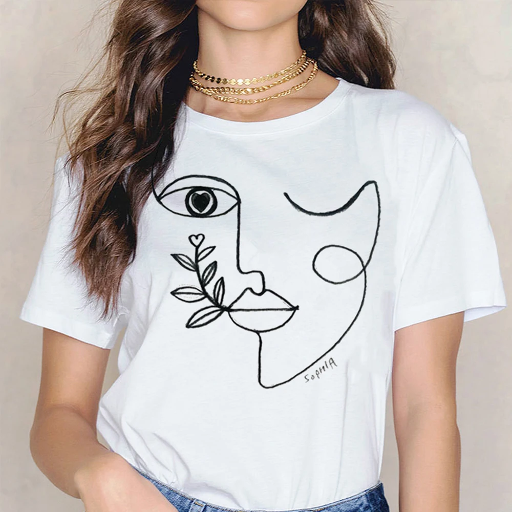 Naujas mados minimalistinio abstrakčiai veidą, print T-shirt Modalinis vasaros trumparankoviai O-kaklo marškinėliai mados atsitiktinis laukinių moterų marškiniai