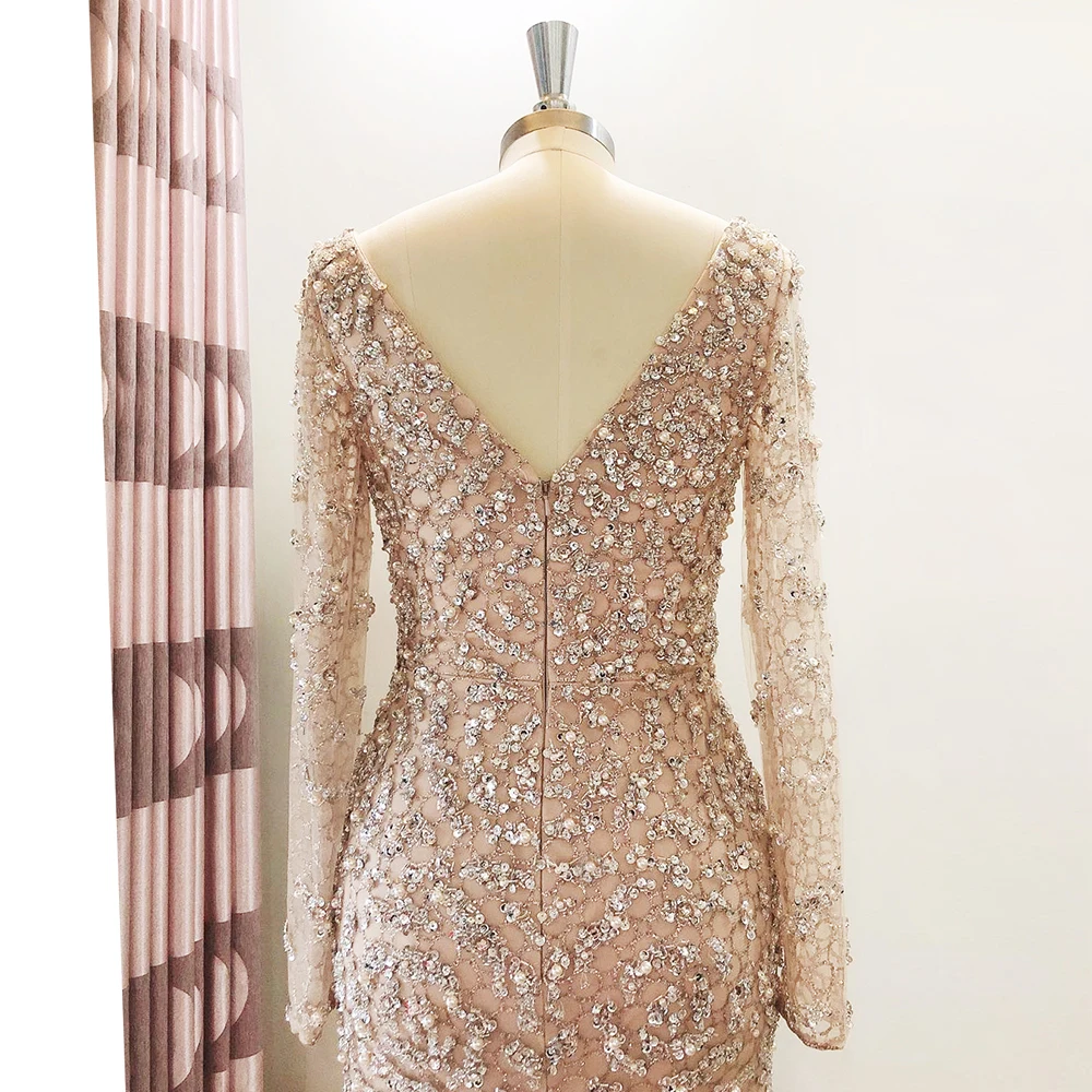 Rose Aukso Vakaro Suknelė Moterims 2021 Dubajaus Prabanga ilgomis Rankovėmis Cirkonio Perlų Rankų darbo Undinė Oficialią Šalies Dėvėti Suknelė