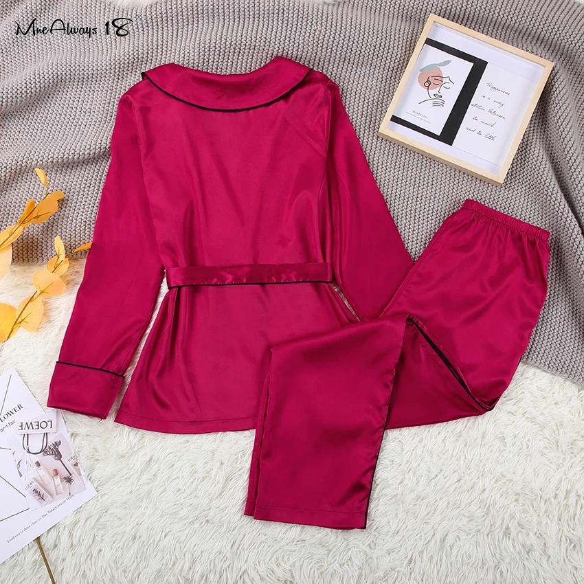 Mnealways18 Kalėdų Raudona Satino Rūbeliai Rinkiniai Pižama Moterų Žiemos Elegantiškas Namų Sleepwear Moterų Varčias Miego Rūbeliai Dviejų Dalių Rinkiniai