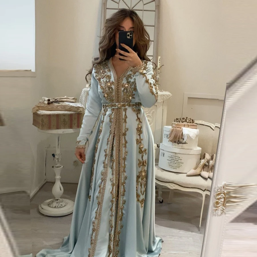 Mėlyna Maroko Kaftan 3D Nėrinių Zawalcowany vakarinę Suknelę Užsakymą Vestido de Renda Jaunikis Motina Oficialų Šalis Suknelė Nauja Atvykimas