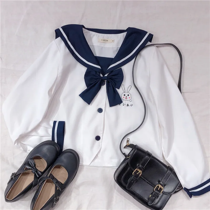 Lolita Girl Triušis Sailor apykaklės Marškinėliai Japonijos Preppy Stiliaus Minkštas Sesuo Studentų Kawaii Triušis Siuvinėjimo ie Palaidinė Su Kaklaraištis