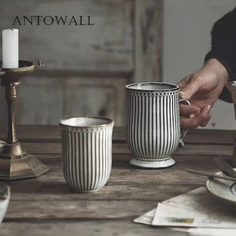 ANTOWALL Šiaurės keraminiai stalo puodelis namų biuro kavos puodelio retro stripes taurės pusryčiai pieno puodelis