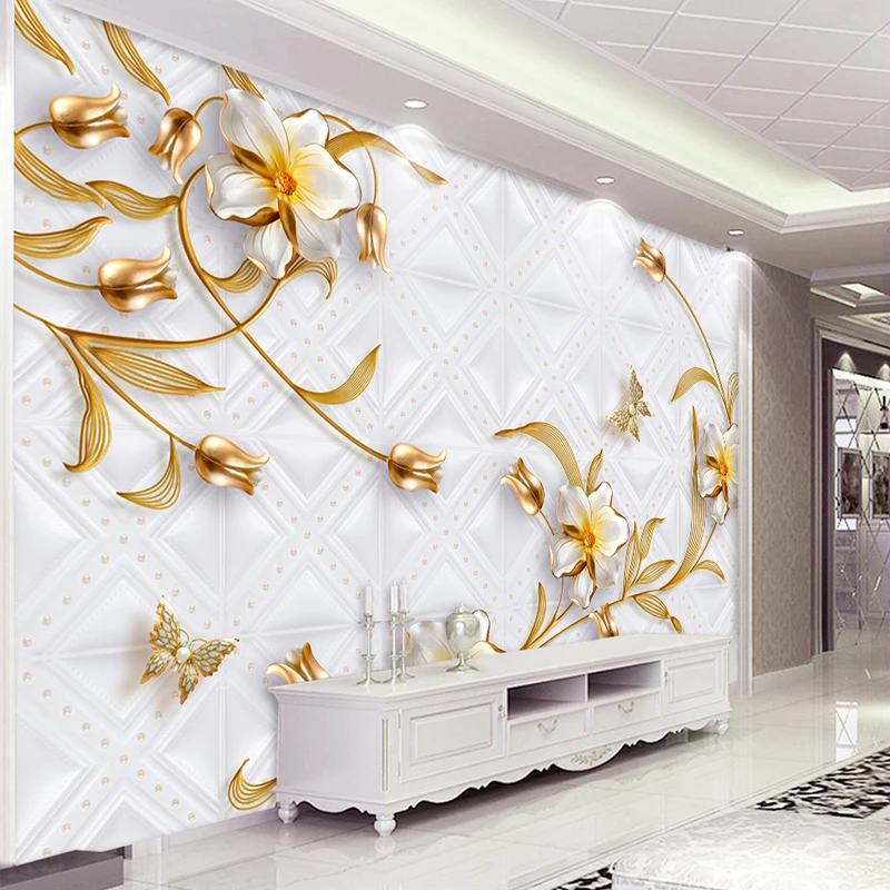 Custom 3D Sienų Freskomis Tapetai, Prabangūs Europos Stiliaus 3D Stereo Paramos Gėlių Aukso Papuošalai Tapetai, Sienų Dangos Kambarį