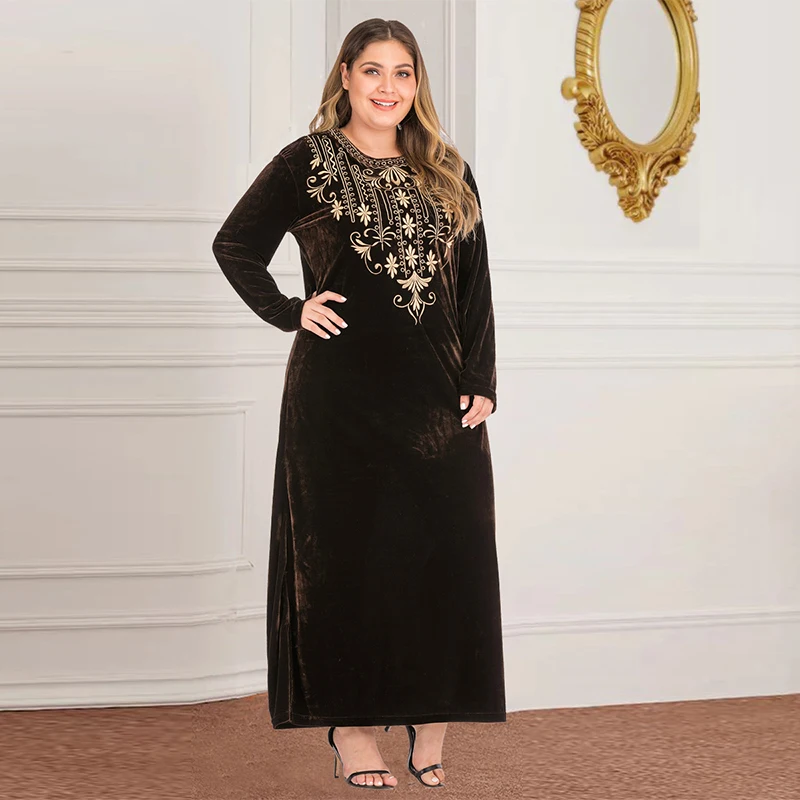 Naujausias Musulmonų Suknelė Dubajus Turkijos Islamo Didelio Dydžio moteriški arabų Mados ilgomis Rankovėmis Atsitiktinis Išsiuvinėti Aukso Aksomo Suknelė