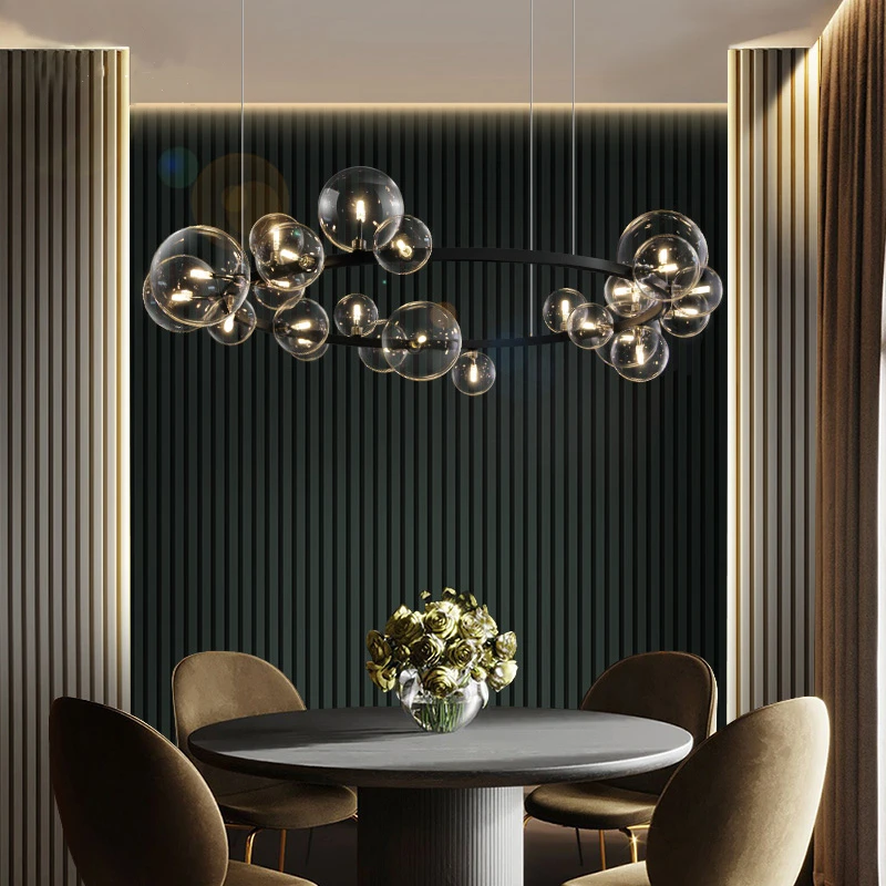 Modernus apšvietimas stiklo kamuolys LED juodas apvalus liustra restoranas miegamojo apšvietimas Šiaurės kambarį valgomasis kabo lempa