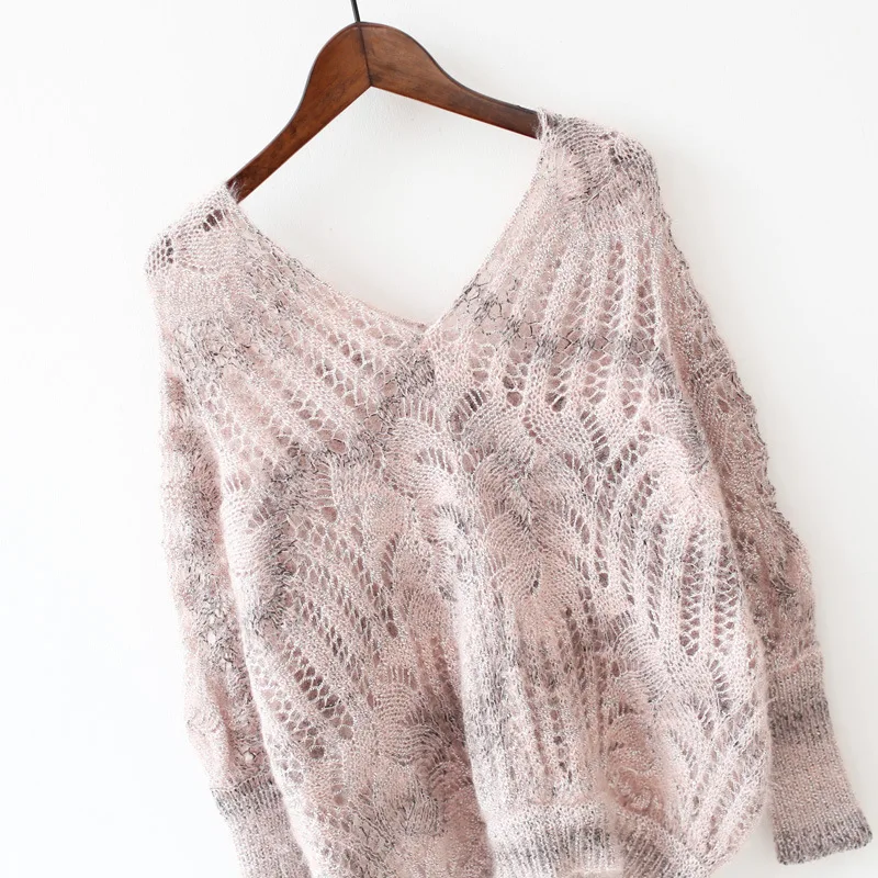 Megztinis moterų megztinis tuščiaviduriai megztiniai viršų V-kaklo prarasti tendencija 2020 naujų moteriškų moherio ryškios šilko džemperis moterims