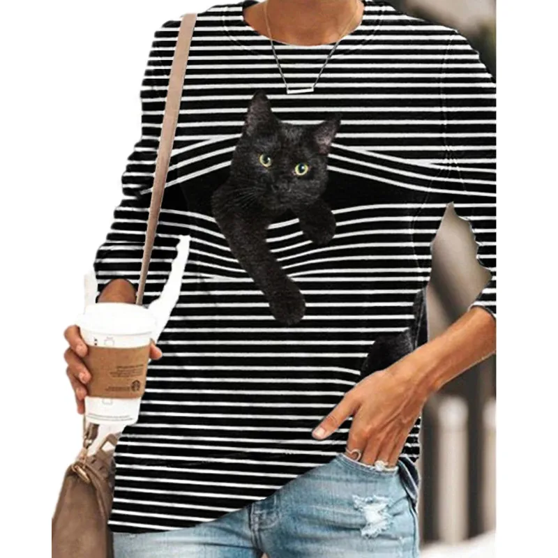 Dryžuotas Katinas Spausdinti Mados Atsitiktinis ilgomis rankovėmis T-Shirt Retro Classic 