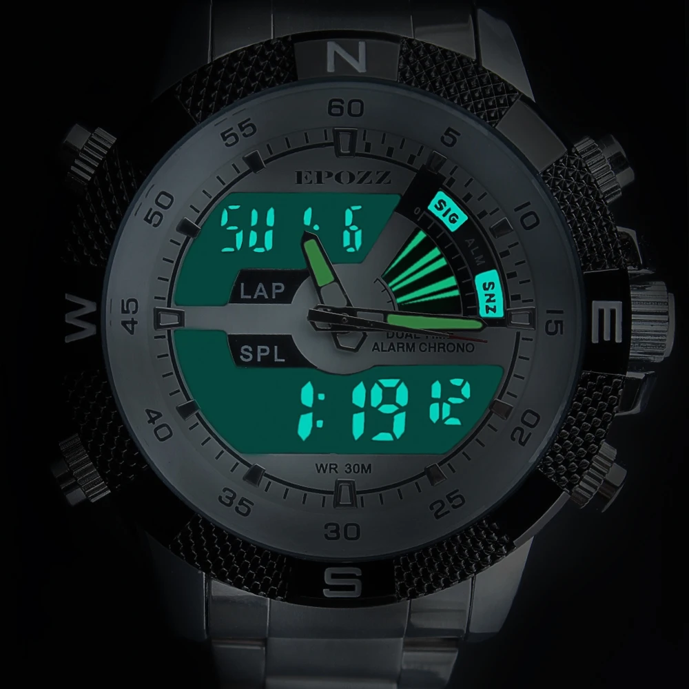 EPOZZ Vyrų Karinės Sporto Laikrodžiai Elektroninis Skaitmeninis LED Vyrų Laikrodis Sidabro spalvos Nerūdijančio Plieno Vyrų Kvarco Žiūrėti Relogio Masculino