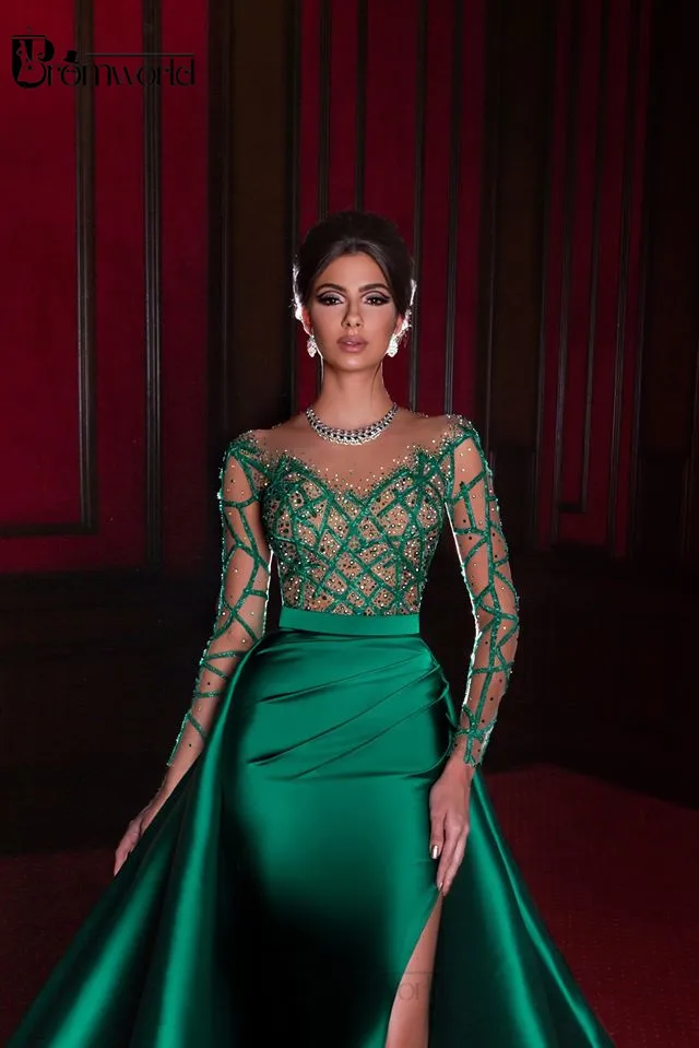 Elegantiška, Undinėlės Vakaro Suknelės 2020 Smaragdas Žalia Oficialų Suknelė Visiškai Ilgomis Rankovėmis Satino Seksualus Plyšio Perlų Karoliukai Šalies Prom Chalatai