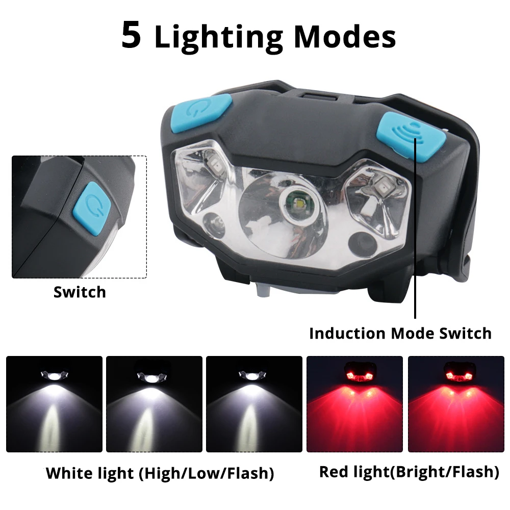 Super ryškus LED žibintai built-in indukcinis jutiklis USB įkrovimo 5 apšvietimo režimo LED žibintai veikia, žvejyba ir kt.
