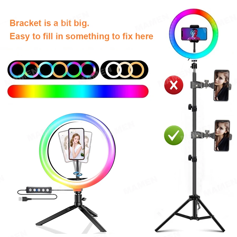 MAMEN Pritemdomi RGB LED Selfie Žiedas Užpildyti Šviesos Nuotrauka Žiedas Lempa su Sukimosi Trikojo Makiažas Vaizdo Gyventi Aro De Luz Para Celular