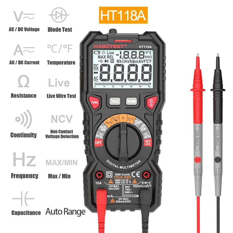 HABOTEST Profesionalus Skaitmeninis Multimetras Ultra-Portable DC AC Voltmeter voltmetras Talpą, NCV Ohm Hz Testeris