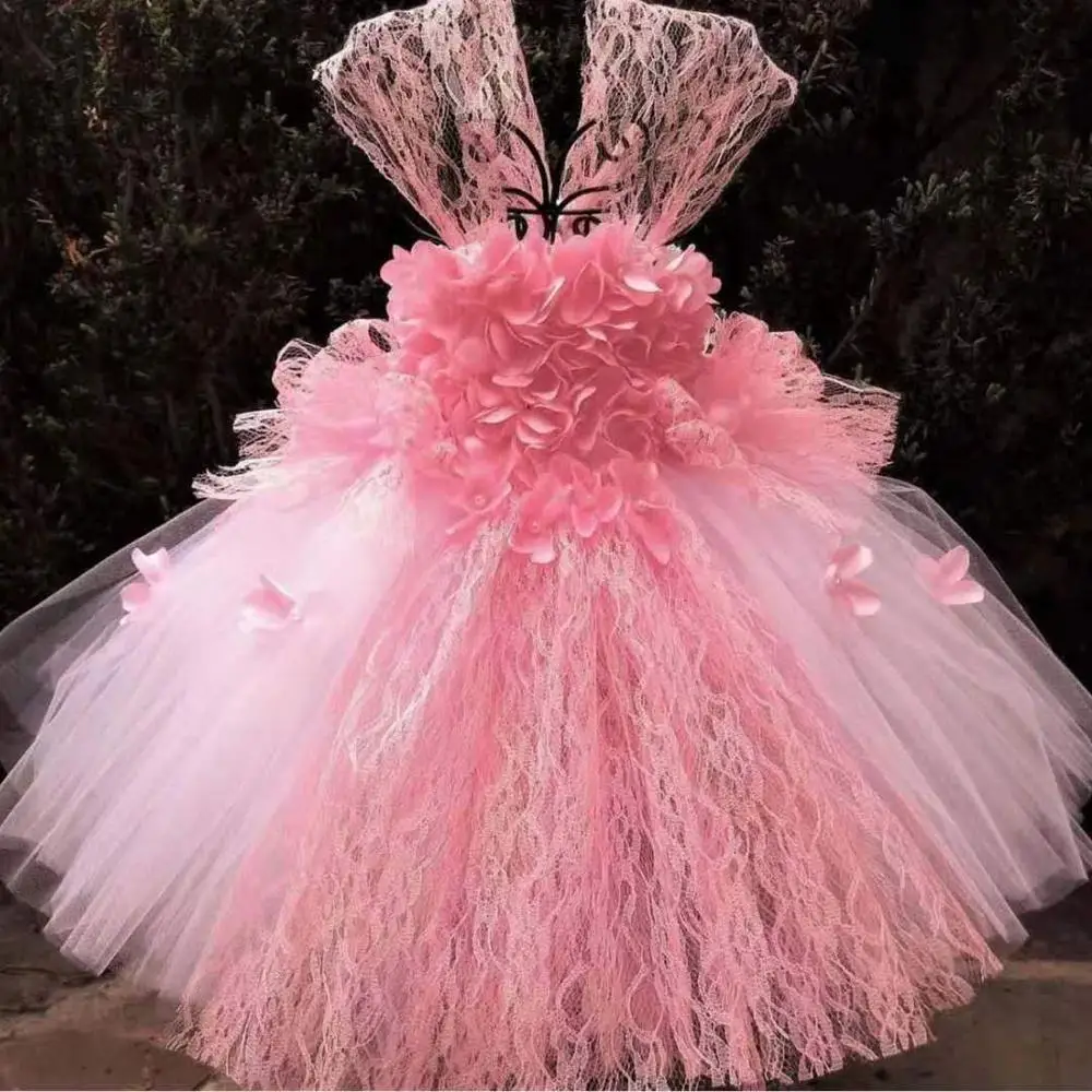 Merginos Pink Pearl Žiedlapių Tutu Suknelė Vaikai Gėlių Suknelė Kamuolys Suknelė su Kaspinu Lankas Vaikų Vestuves Kostiumas Princesė Suknelės
