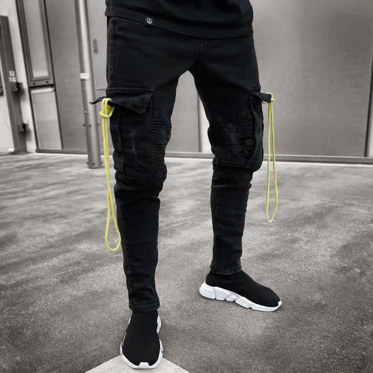 Naujas Modis Pantalones Vaquero Vyrų Black Jeans Vyrams Džinsinis Kombinezonas Multi Pocket Įrankiai Kelnės Vyrams Gothic Black Kankina Džinsai Vyrams