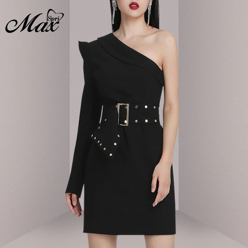 Max Spri Mados Office Ponios Sexy Vieną Petį Ilgomis Rankovėmis Aukštos Juosmens Kniedės Sagtis Varčios Slim Mini Suknelė 2019 Nauja Kolekcija