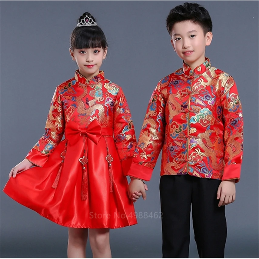 2020 Berniukas Mergaitė Kinų Naujųjų Metų Drabužių, Tradicinių Dragon Siuvinėjimo Tango Tiktų Vaikams Etape Šalis Festivalis Rytų Hanfu Drabužiai