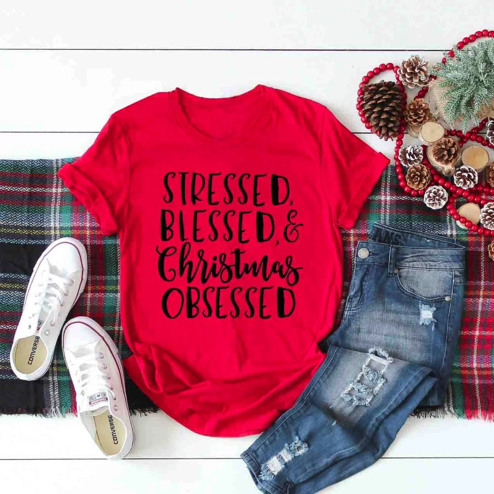 Pabrėžė, Palaimino ir Kalėdų Apsėstas T-Shirt moterims, mados šūkis Krikščionių estetinės camisetas tumblr marškinėliai raudona tees - K017