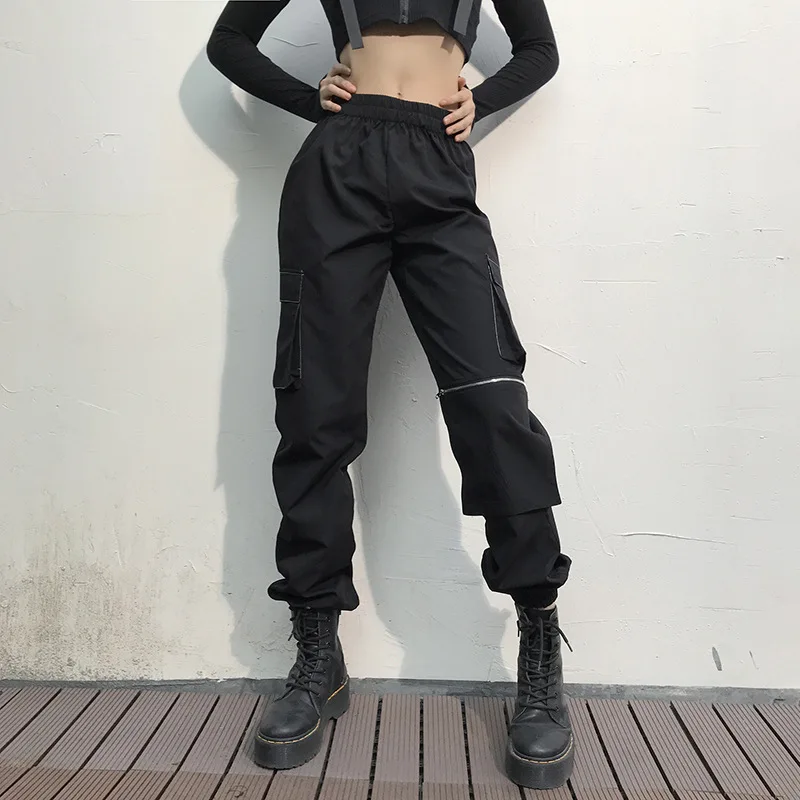 Y Demo Grunge Stiliaus Atsitiktinis Moterų Aukšto Juosmens Krovinių Kelnės Su Užtrauktuku Kišenėje Visas Ilgis Streetwear Kelnės 2020 M.