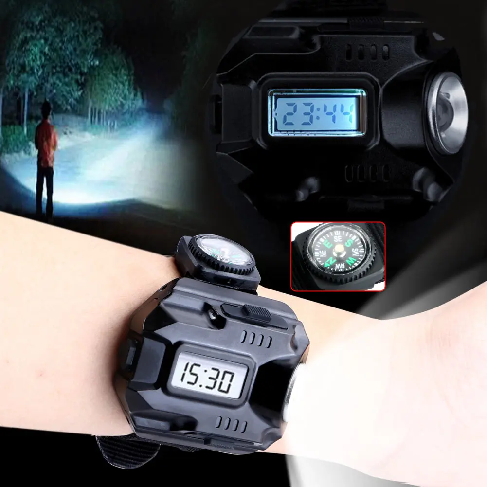 Galingas led Žibintuvėlis Taktinis LED Ekranas, Įkraunamas Riešo Žiūrėti Žibintuvėlis atsparus Vandeniui Žibintuvėlis Su laikrodį mini-kompasas