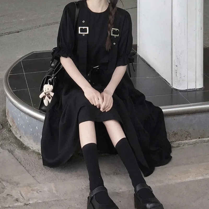 Trumpomis Rankovėmis Suknelė Moterims Juodas Diržas Laisvas Kratinys Japoniško stiliaus Mados Suknelės Studentų Stilingas Gatvės-dėvėti Paprastas Ulzzang