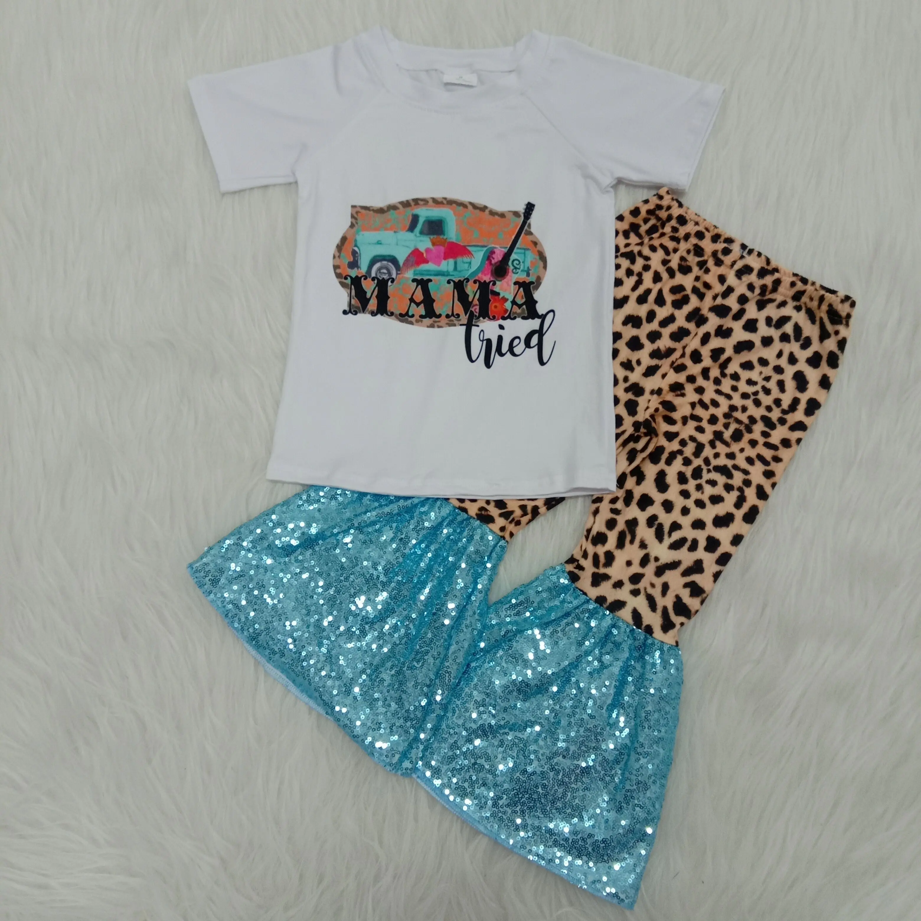 Kūdikių mergaičių boutique madingi drabužiai vaikams rinkinius automobilių trumpas rankovės viršuje bell bottom leopard Blizgančiais kelnės vaikams mielas apranga