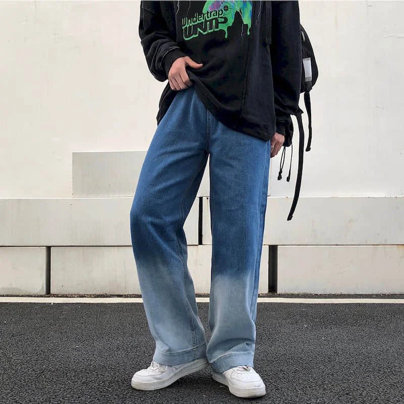 Rudenį, Pavasarį Harajuku Vintage Džinsai Moterims, Tiesios Kelnės Mėlynos spalvos Gradientas Pločio Kojų Kelnės Prarasti Unisex Kelnės, vyriški Streetwear