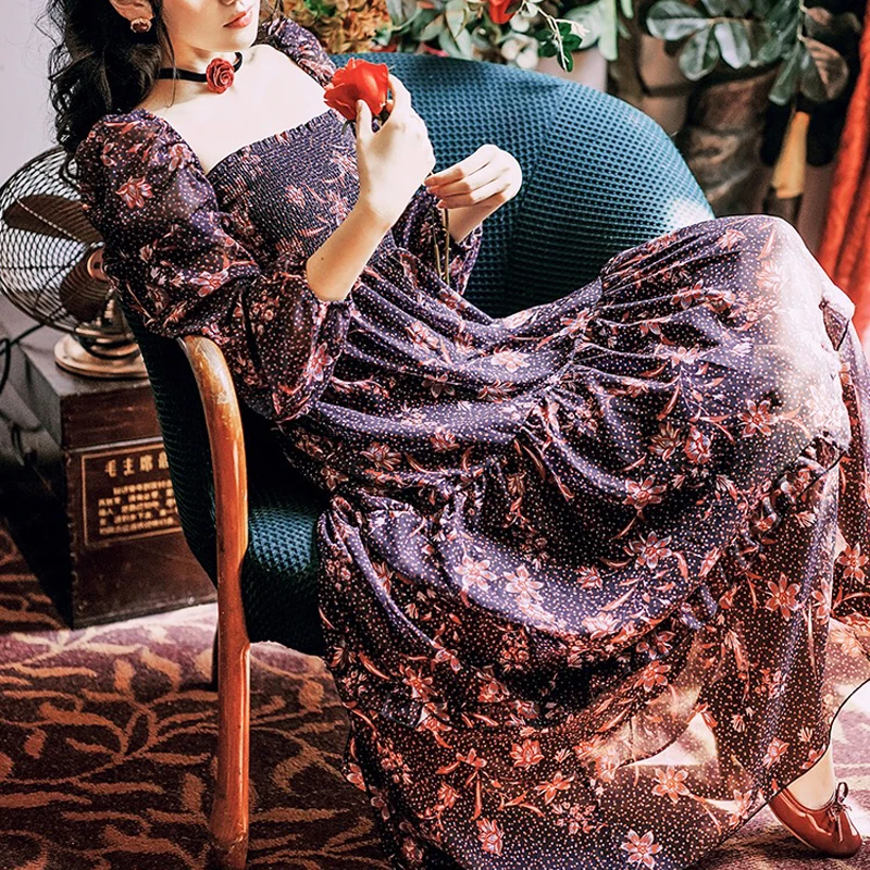 Prancūzijos Vintage Suknelė Moterims Atsitiktinis Elegantiškas Retro Vakaro Gėlių Šalies Moteriška Suknelė ilgomis Rankovėmis One-piece Suknelė korėjos 2020 m. Rudenį